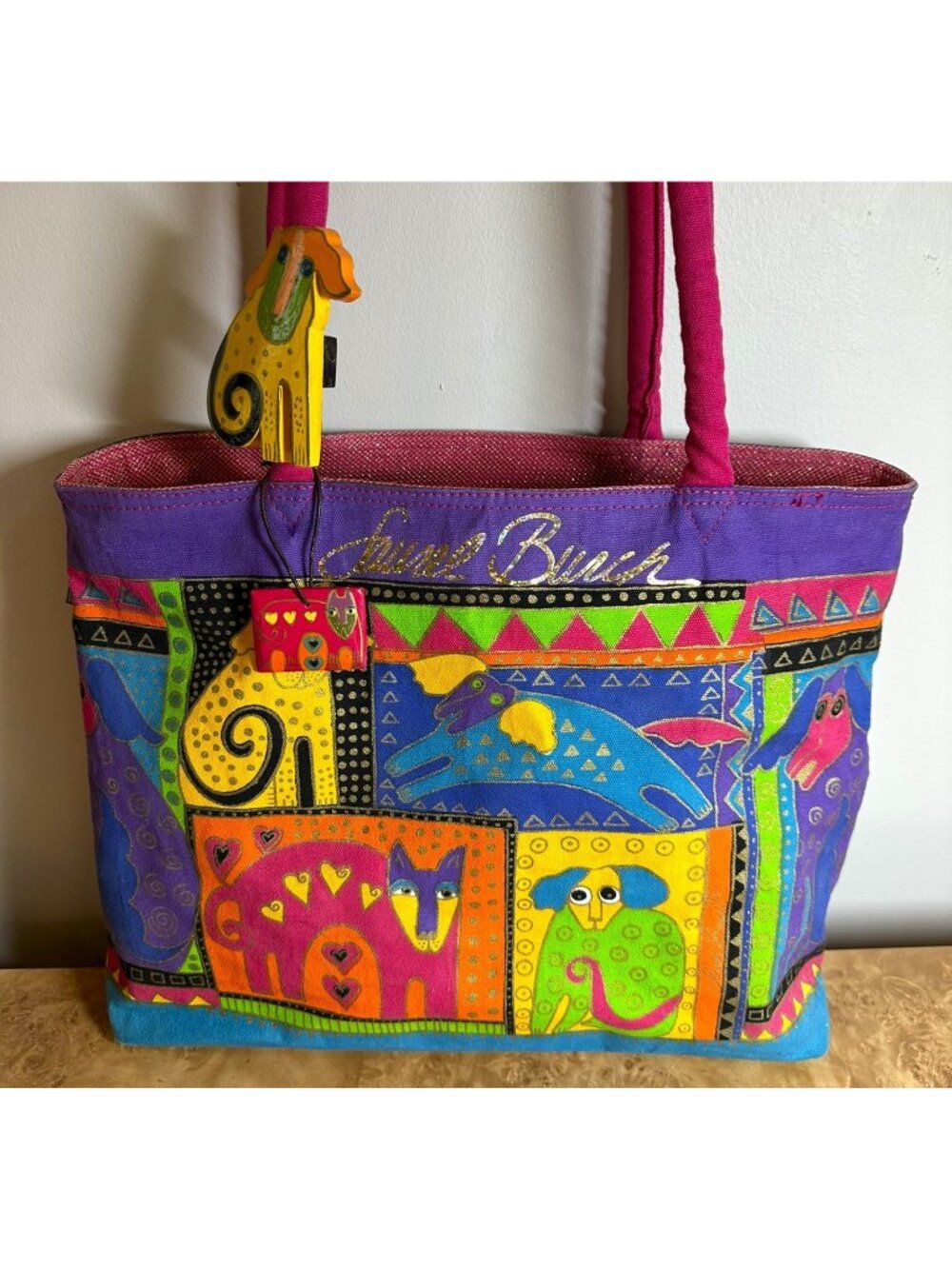 Laurel Burch Colorful Dog Canvas Tote Bag Large Zip Top Shoulder Bag w/ Charms - Picture 2 of 8